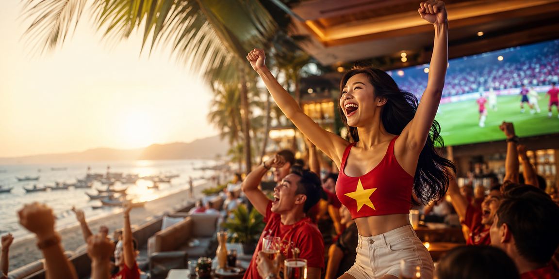 Du khách tại bãi biển Mũi Né theo dõi kết quả jackpot trực tuyến trên điện thoại